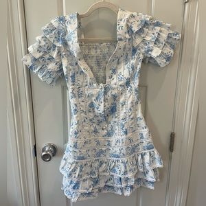 Blue and white ruffle mini dress